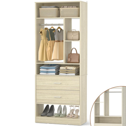 Freestanding 24" Closet System with 2 Wood Drawers, 2FT Small Closet Organizer System with 6 Shelves & Hanging Rod