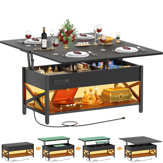 Coffee Table Lift Top with LED Light and Power Outlet, Multi-Function Coffee Table Converts to Dining Table