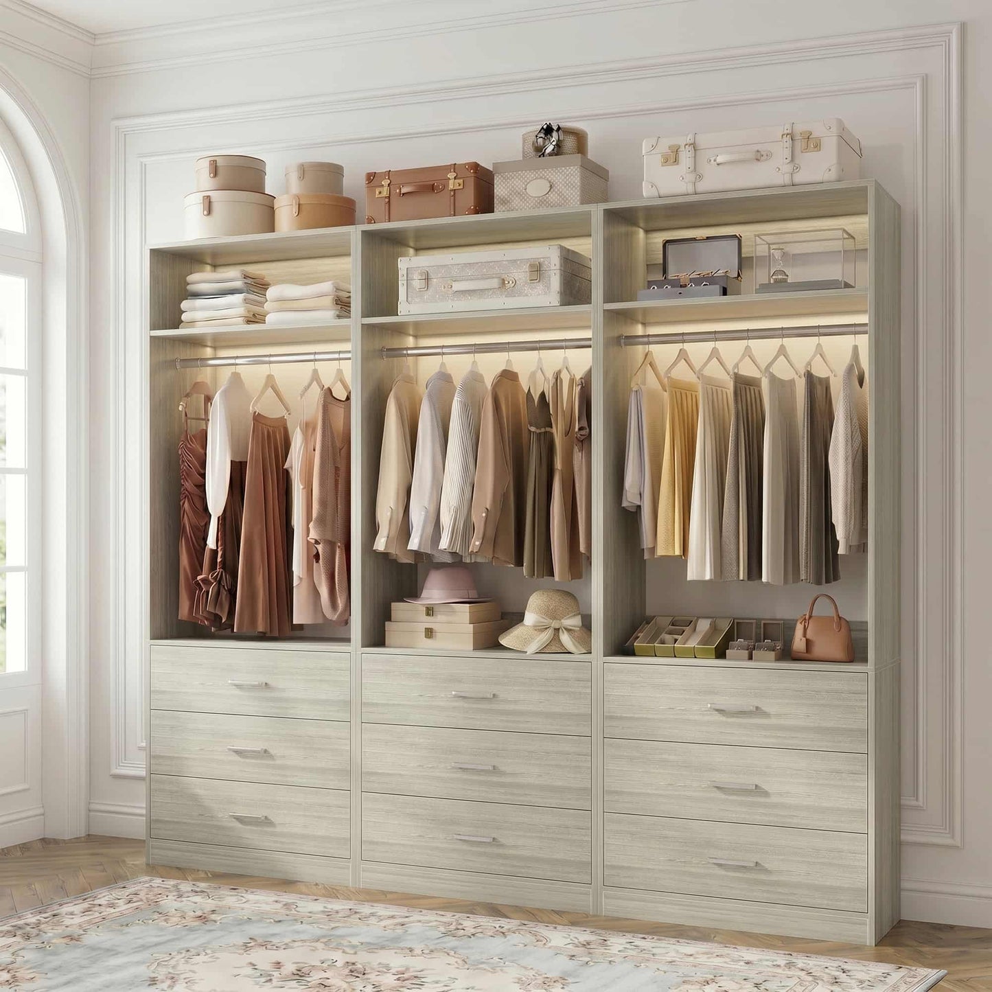 Freestanding Closet System Set - 3-Pack with 3 Wood Drawers Each,With Hanging Rod & Shelves, 24"L x 15"W x 80"H