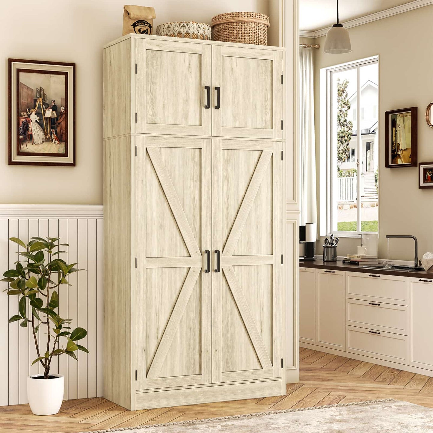 Farmhouse Kitchen Pantry Storage Cabinet with Adjustable Shelves and Barn Doors