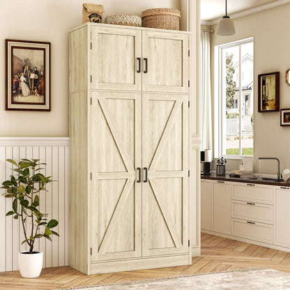 Farmhouse Kitchen Pantry Storage Cabinet with Adjustable Shelves and Barn Doors