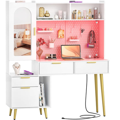 48" Makeup Vanity with Hutch, LED Lighted Mirror & Charging Station, 5 Large Drawers, Shelves, Pegboard & Cabinet