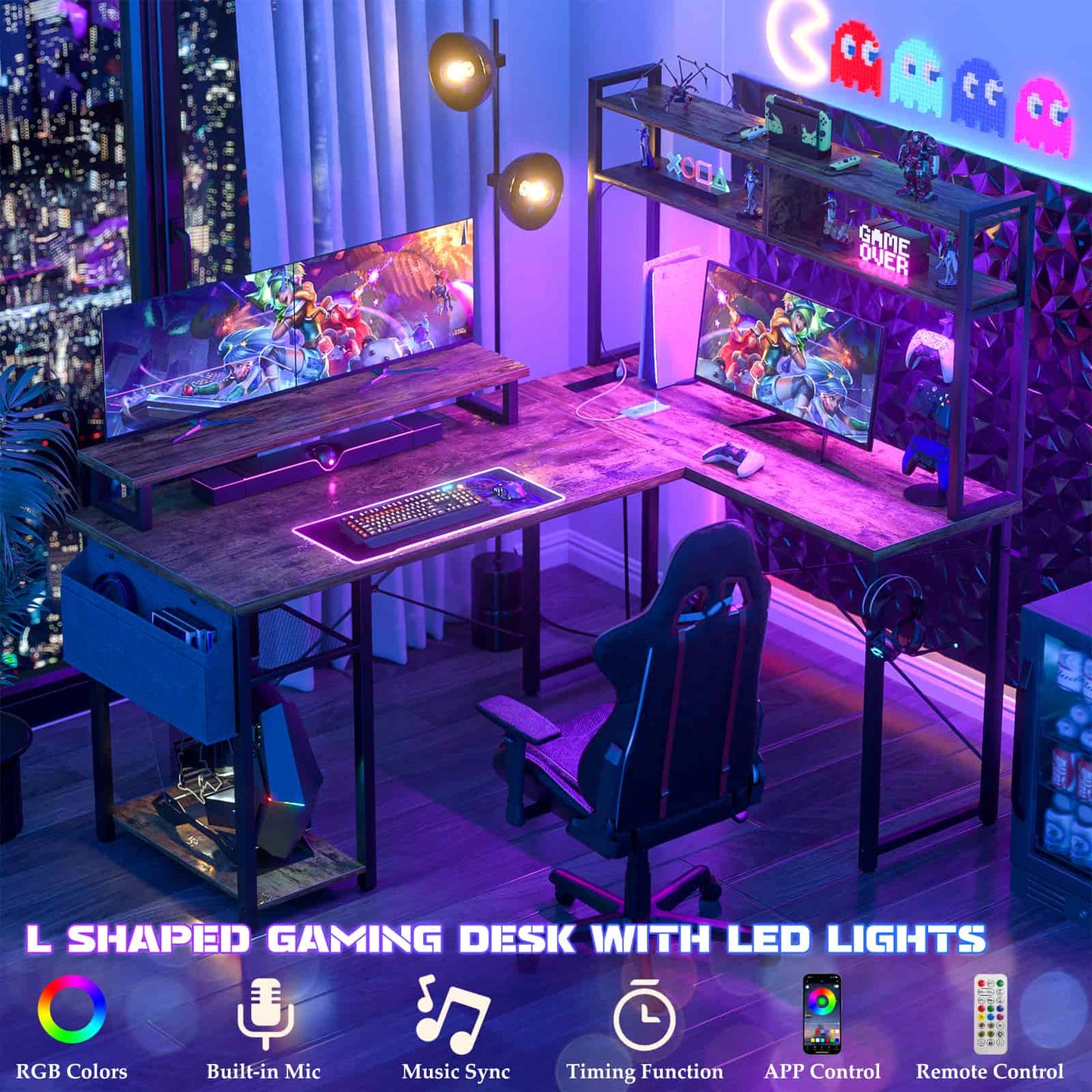 L Shaped Computer Desk with Power Outlets & LED Lights