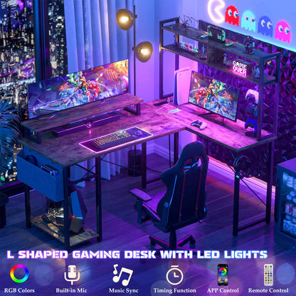 L Shaped Computer Desk with Power Outlets & LED Lights