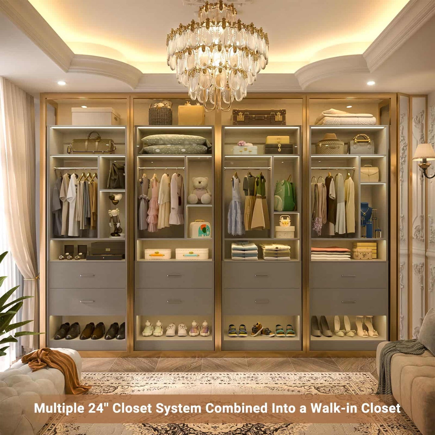 Freestanding 24" Closet System with 2 Wood Drawers, 2FT Small Closet Organizer System with 6 Shelves & Hanging Rod