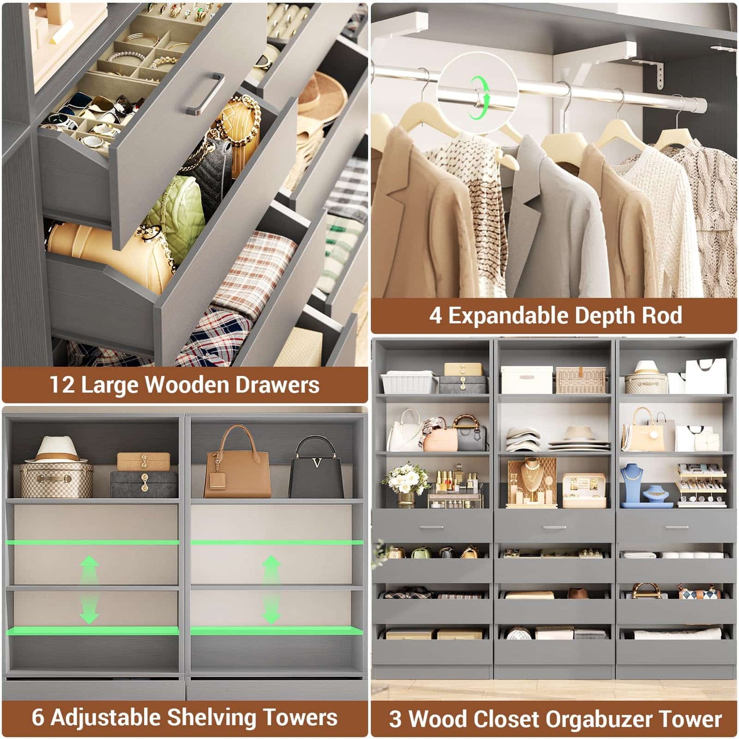 3-Piece L-Shaped Walk-in Closet Organizer System, 138.5" Wood Closet Tower with 12 Drawers & 4 Expandable Hanging Rods, Customizable Wardrobe Storage Set for Bedroom, Apartment