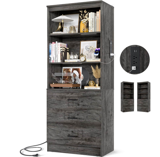 71" Tall Bookcases with 3 Large Drawers & 3 Shelves, Wooden Bookshelf for Living Room Offic