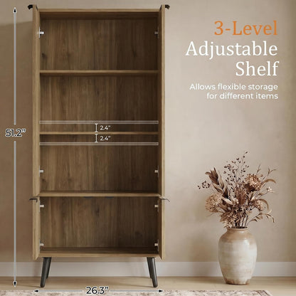 51.2" Freestanding Storage Cabinet with 4 Fluted Doors, Adjustable Shelves & Raised Legs - Wobble-Free Organizer for Bathroom, Kitchen, Living Room