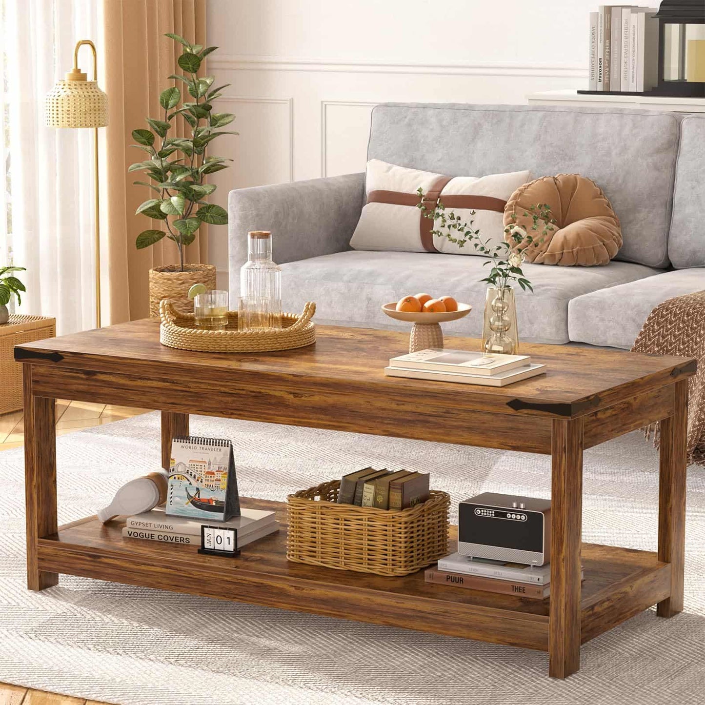 43.3” Farmhouse Wood Coffee Table with Storage Shelf, Modern Center Table for Living Room
