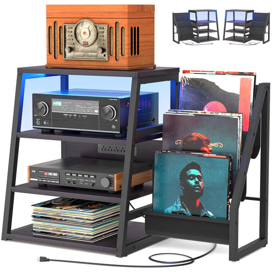 4-Tier Media Stand with Vinyl Storage, Power Outlets & LED Lights