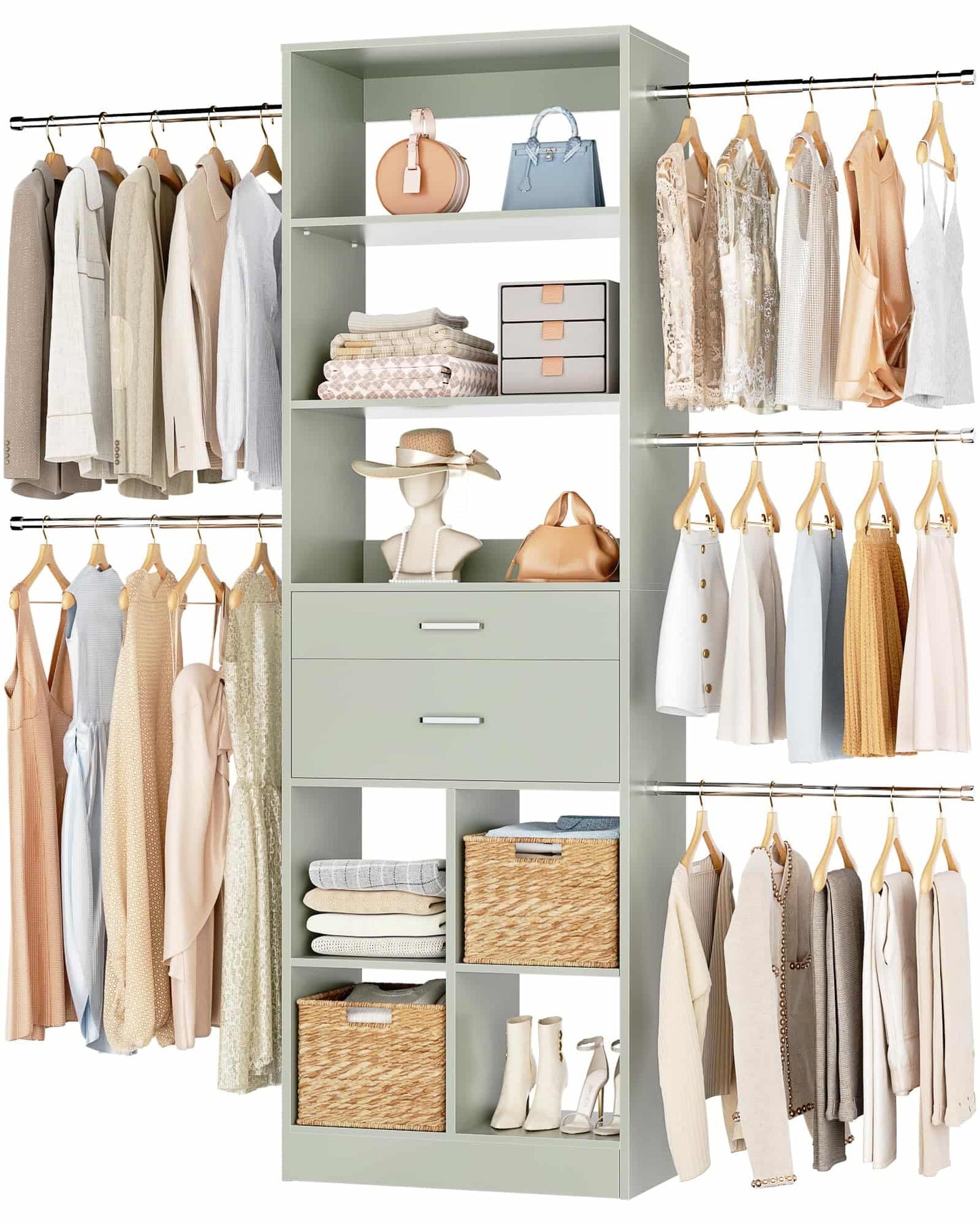 Adjustable Small Closet System, 3.2-6.8FT Expandable Closet Organizer with 2 Wooden Drawers & 5 Heavy-Duty Hanging Rods