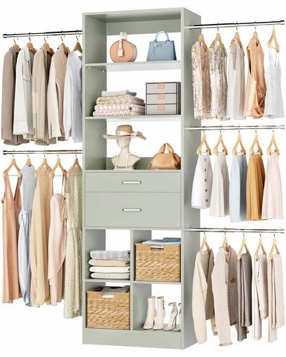 Adjustable Small Closet System, 3.2-6.8FT Expandable Closet Organizer with 2 Wooden Drawers & 5 Heavy-Duty Hanging Rods