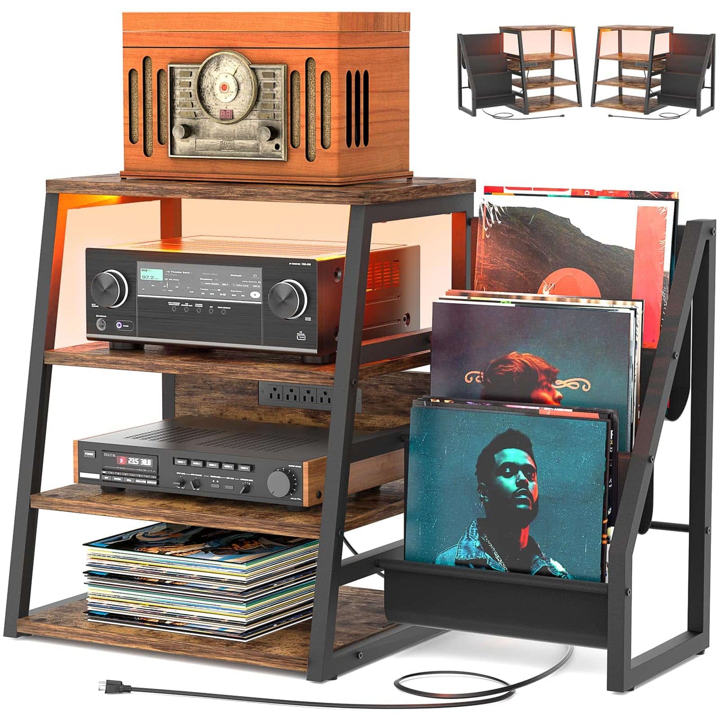 4-Tier Media Stand with Vinyl Storage, Power Outlets & LED Lights