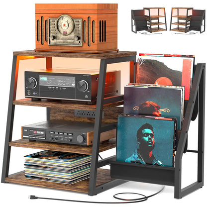 4-Tier Media Stand with Vinyl Storage, Power Outlets & LED Lights