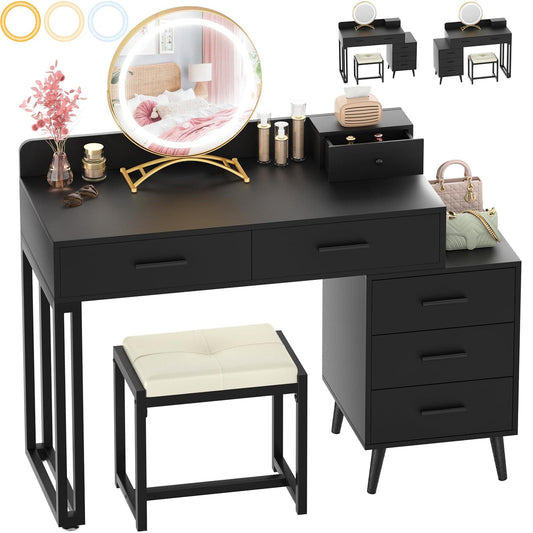 Vanity Desk with Mirror and Lights, Modern Makeup Vanity Table Set with 6 Storage Drawers and Cushioned Stool