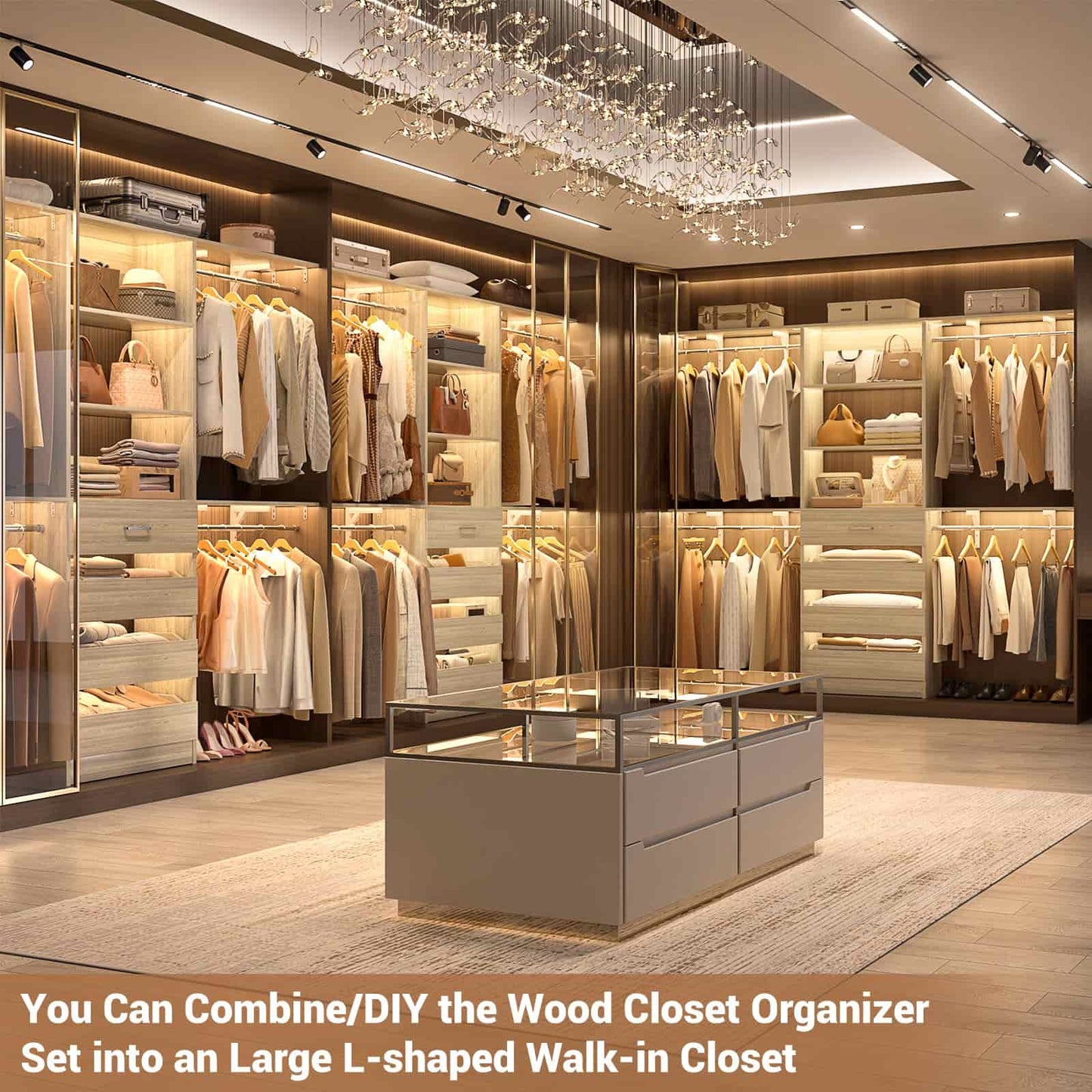 Closet System, 8FT Closet Organizer with 4 Wooden Drawers, Wood Closet Organizer System with Tower, Walk-in Closet Organizer Wardrobe