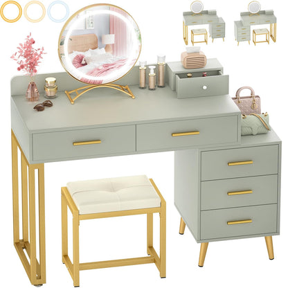 Vanity Desk with Mirror and Lights, Modern Makeup Vanity Table Set with 6 Storage Drawers and Cushioned Stool