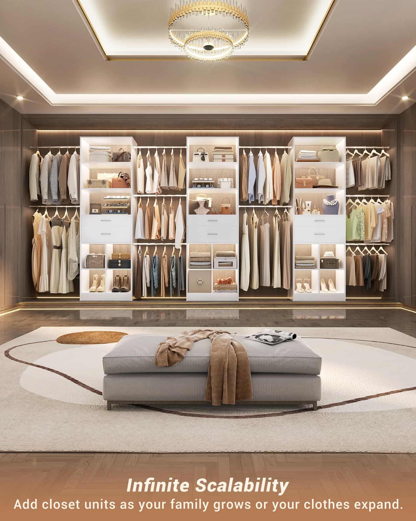 Adjustable Small Closet System, 3.2-6.8FT Expandable Closet Organizer with 2 Wooden Drawers & 5 Heavy-Duty Hanging Rods