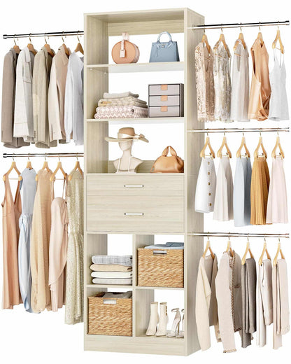Adjustable Small Closet System, 3.2-6.8FT Expandable Closet Organizer with 2 Wooden Drawers & 5 Heavy-Duty Hanging Rods