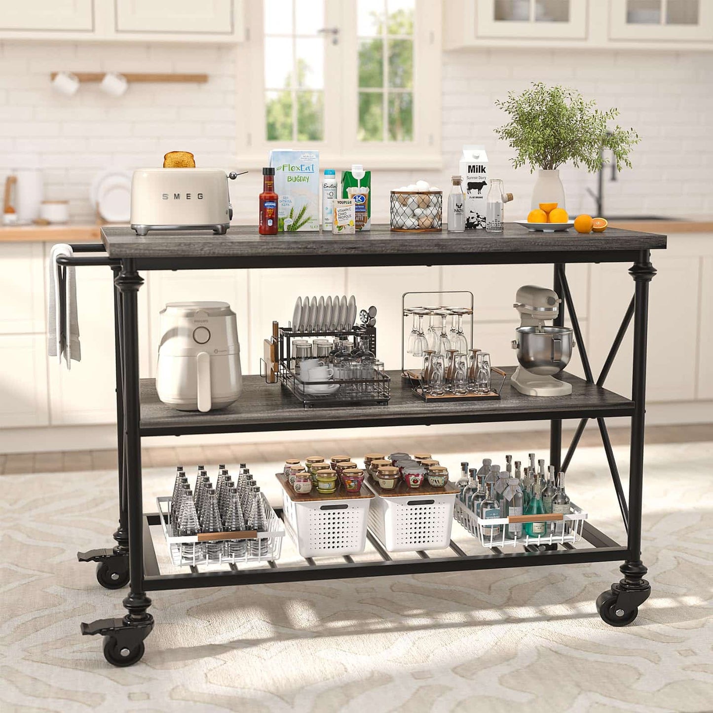 Industrial Mobile Kitchen Island Cart with Wheels: 3-Tier Storage, Lockable Casters for Kitchen, Dining & Small Spaces