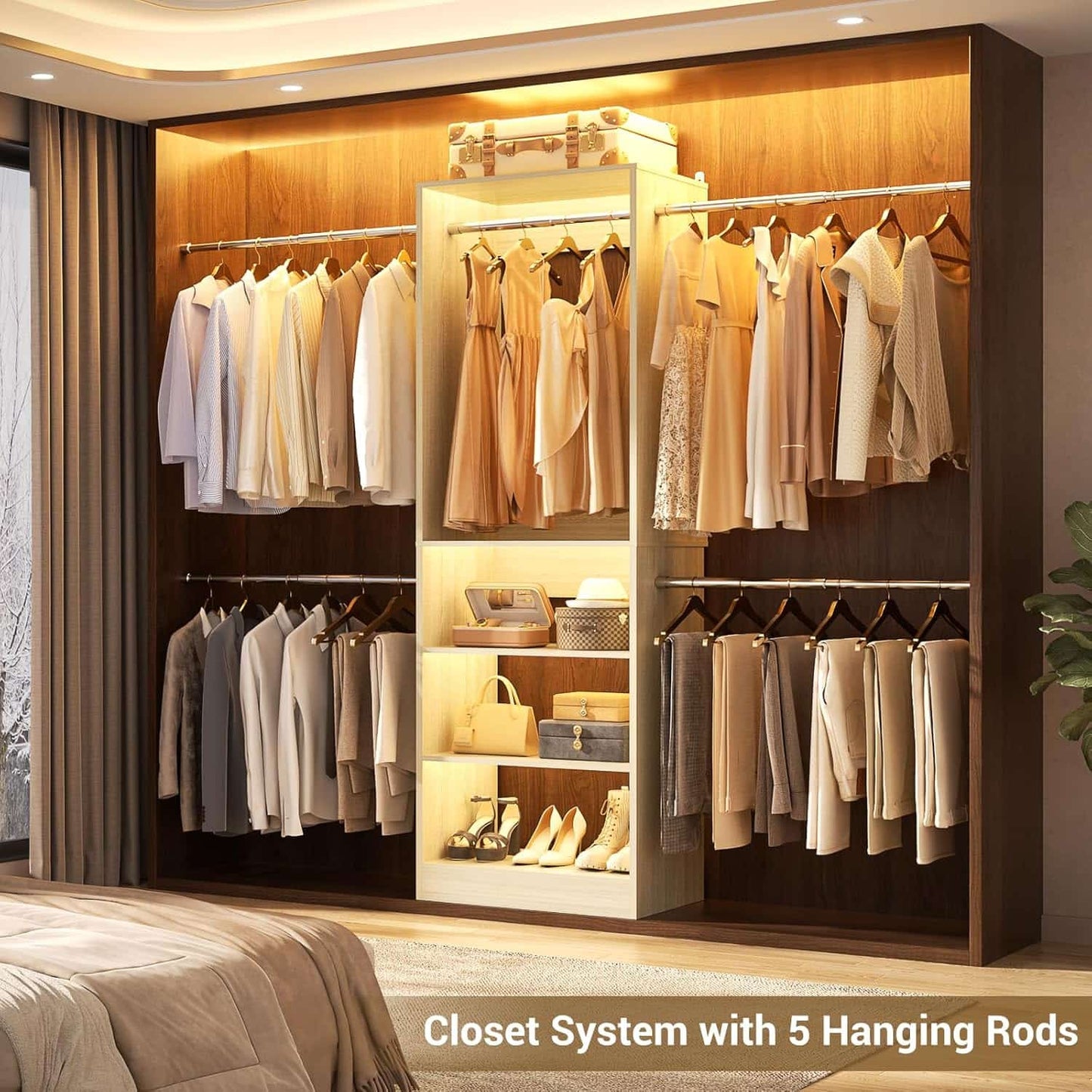20.5-120'' W Closet Organizer System with 5 Hanging Rods, Shelving Tower