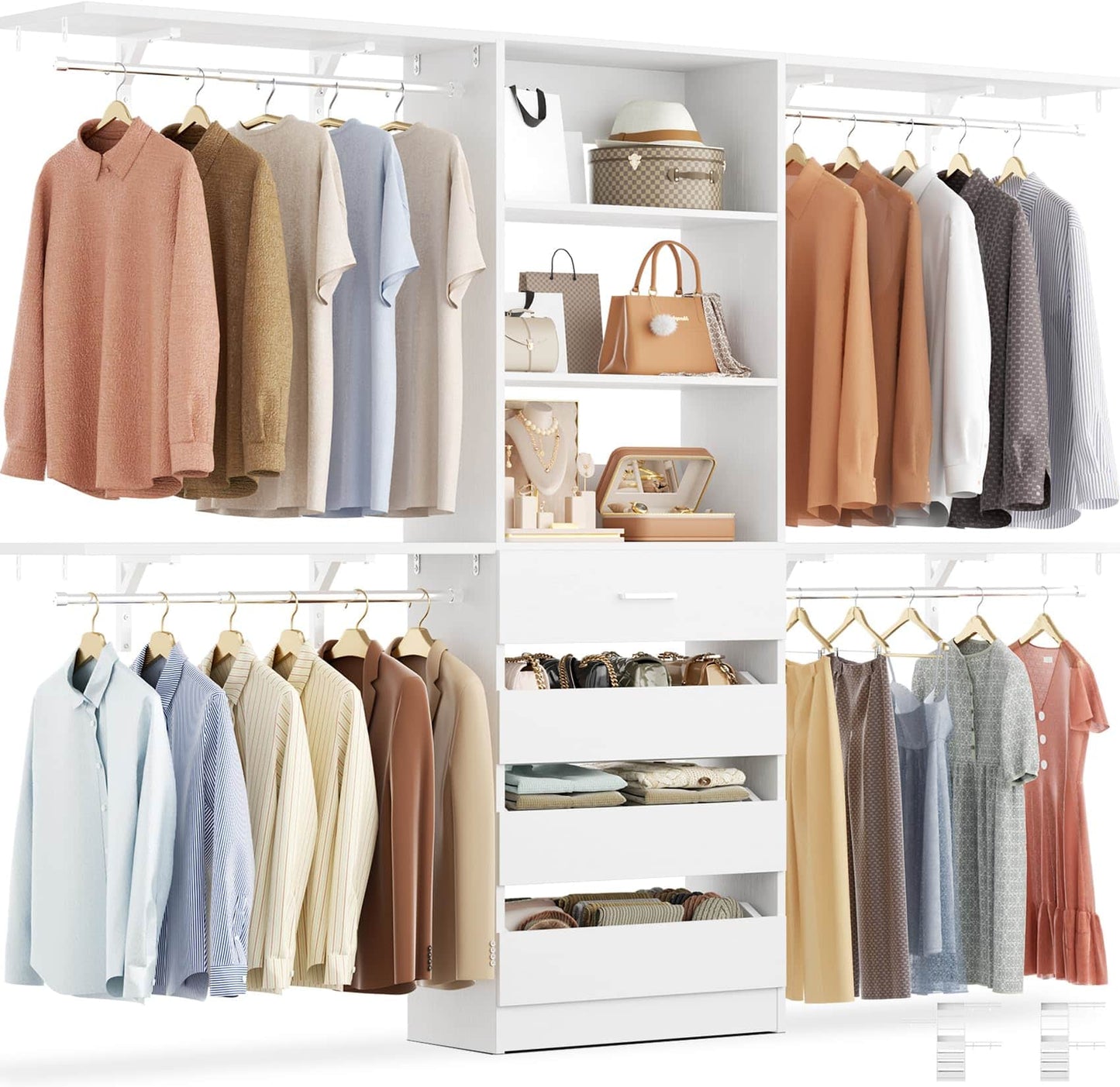 Closet System, 8FT Closet Organizer with 4 Wooden Drawers, Wood Closet Organizer System with Tower, Walk-in Closet Organizer Wardrobe