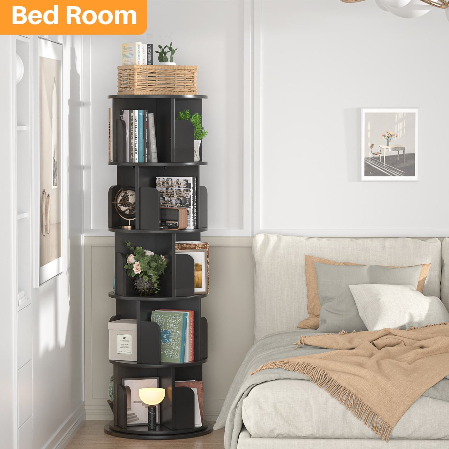 Rotating Bookshelf, 360 Display Wood Spinning Bookshelf Tower