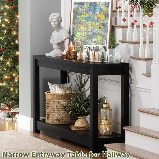 32" Farmhouse Wood Narrow Console Table with Open Storage Shelves: Entryway/Sofa Table, Easy Assembly, Embossed Wood