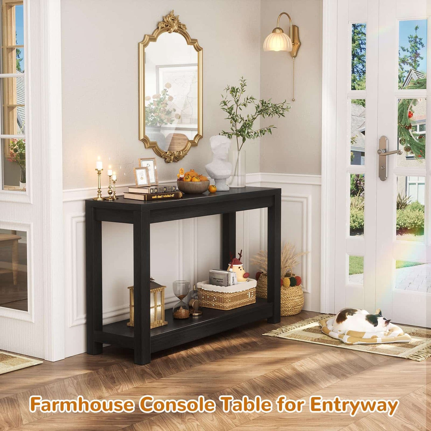 32" Farmhouse Wood Narrow Console Table with Open Storage Shelves: Entryway/Sofa Table, Easy Assembly, Embossed Wood