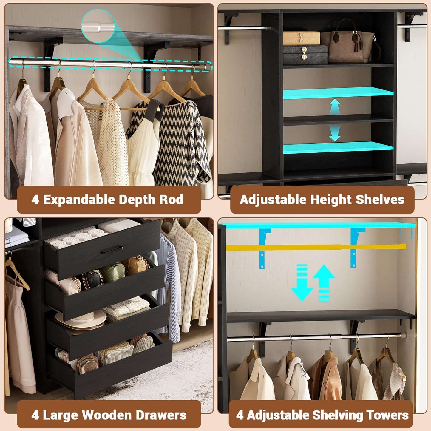 Closet System, 8FT Closet Organizer with 4 Wooden Drawers, Wood Closet Organizer System with Tower, Walk-in Closet Organizer Wardrobe