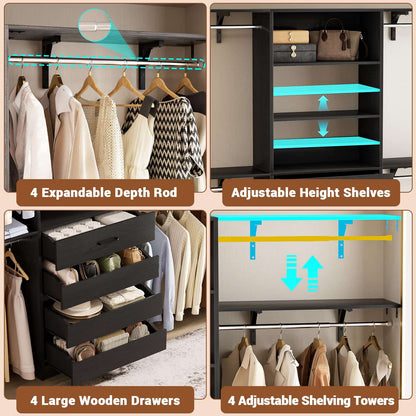 Closet System, 8FT Closet Organizer with 4 Wooden Drawers, Wood Closet Organizer System with Tower, Walk-in Closet Organizer Wardrobe