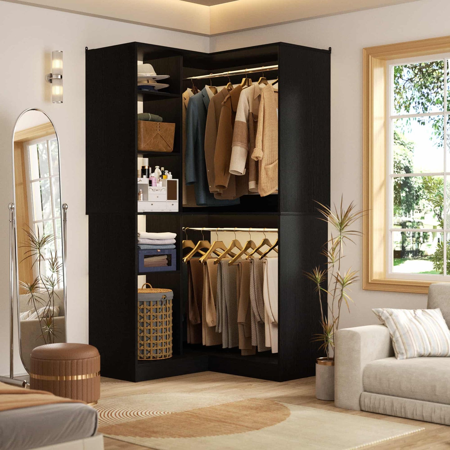 36" Corner Closet System - 2 Rods, Hutches, and 5 Shelves for Versatile Storage, Sturdy and Durable Design Armoire Closet Organizer