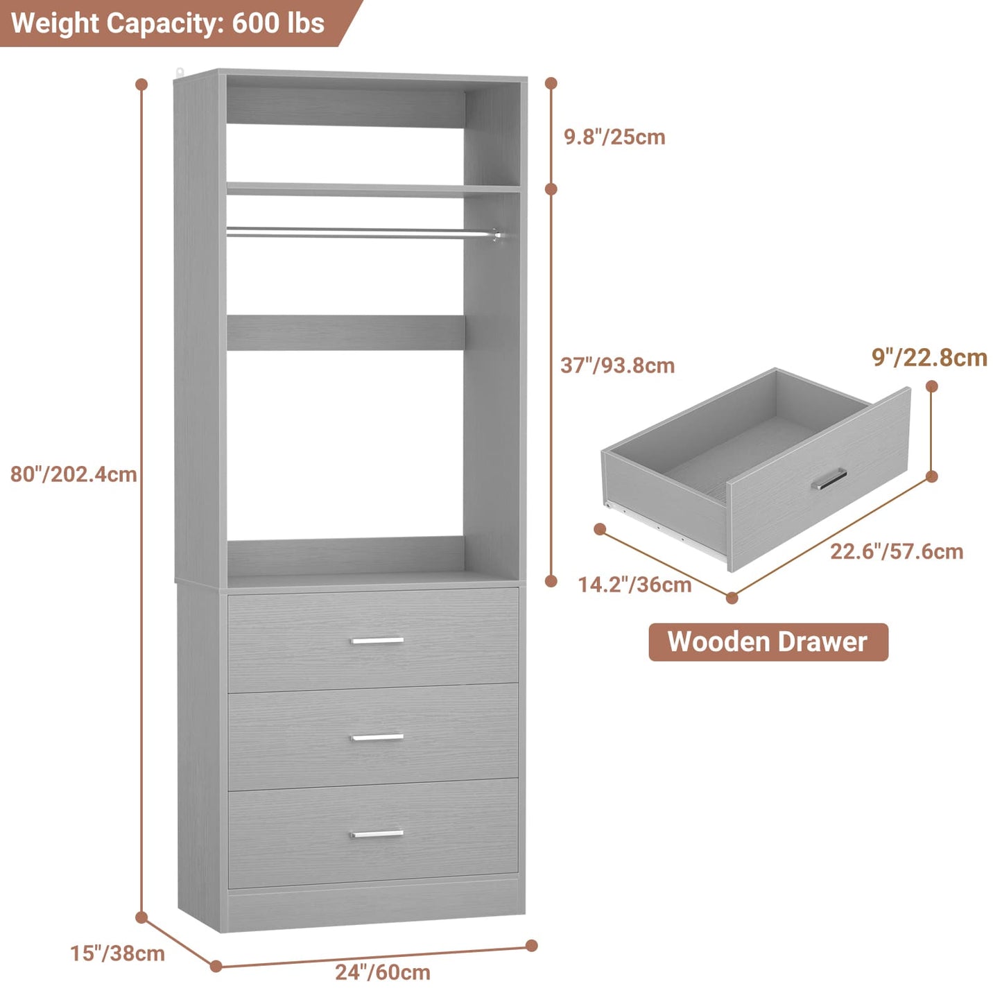 Freestanding 2FT Closet System with 3 Wood Drawers, 24" Closet Organizer System with Hanging Rod & Shelves
