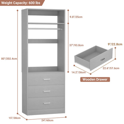 Freestanding 2FT Closet System with 3 Wood Drawers, 24" Closet Organizer System with Hanging Rod & Shelves