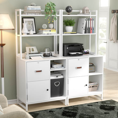 Vertical Filing Cabinet with Lock & Charging Station, Large Drawer Wood File Cabinet with Bookshelf, Printer Stand with Open Storage Shelf