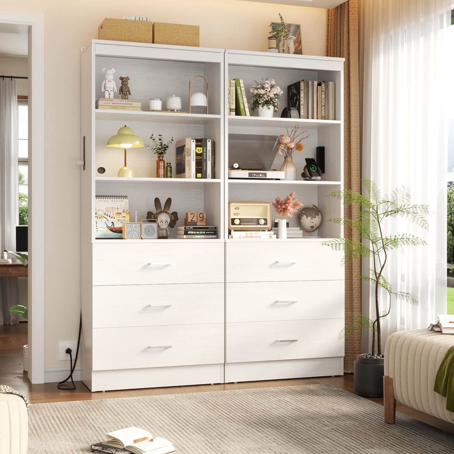 71" Tall Bookcases with 3 Large Drawers & 3 Shelves, Wooden Bookshelf for Living Room Offic