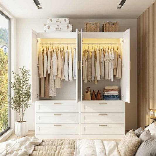 Double Armoire Wardrobe Closet Set - 71" Tall 2-in-1 Storage Cabinets with 6 Drawers, 2 Hanging Rods, 20" Extra Depth, Soft-Close Hinges & Metal Handles