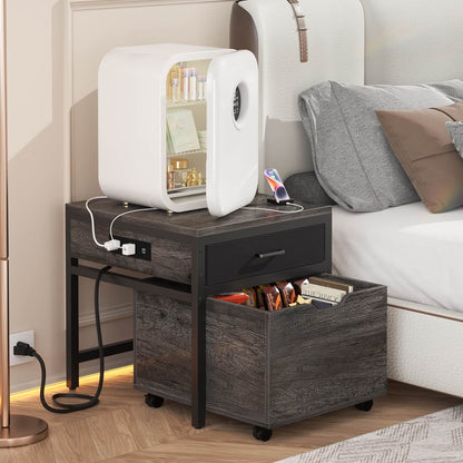 Mini Fridge Stand with Drawer Storage & Sockets, Heavy Duty Mini Refrigerator table with Rolling Cabinet
