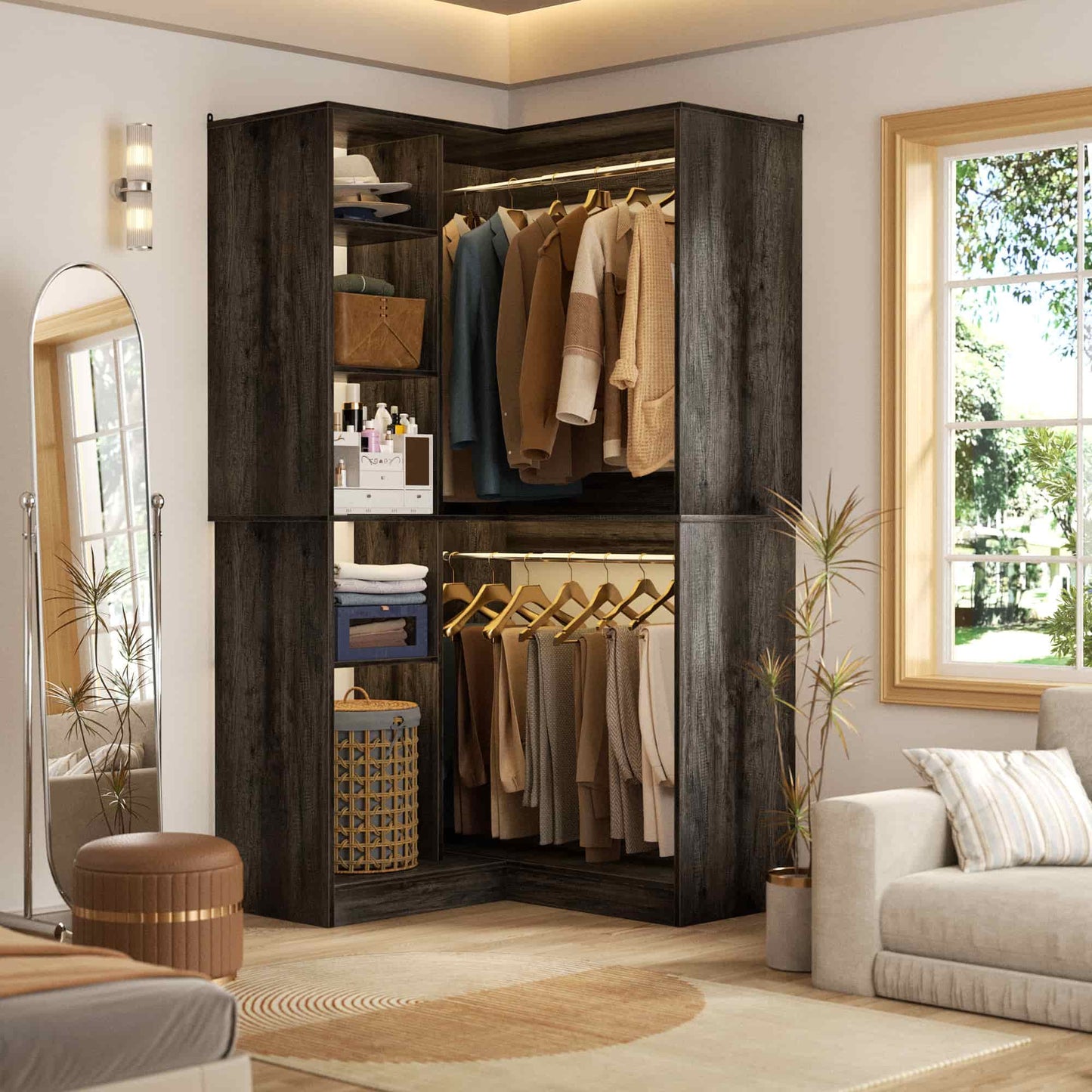 36" Corner Closet System - 2 Rods, Hutches, and 5 Shelves for Versatile Storage, Sturdy and Durable Design Armoire Closet Organizer
