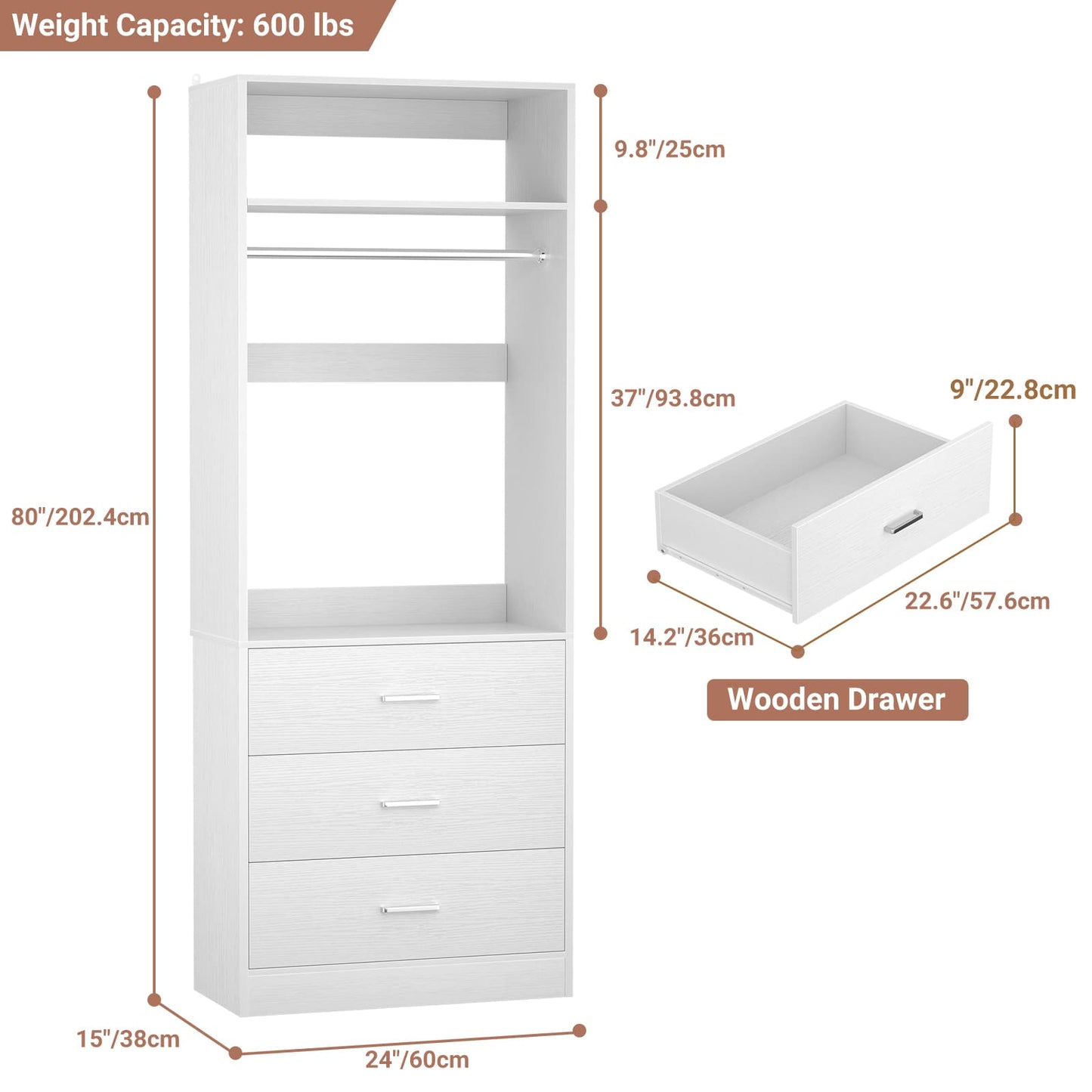 Freestanding 2FT Closet System with 3 Wood Drawers, 24" Closet Organizer System with Hanging Rod & Shelves