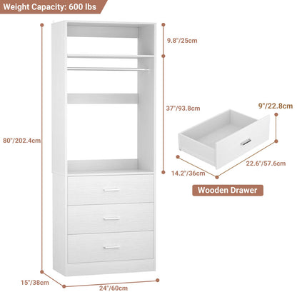 Freestanding 2FT Closet System with 3 Wood Drawers, 24" Closet Organizer System with Hanging Rod & Shelves