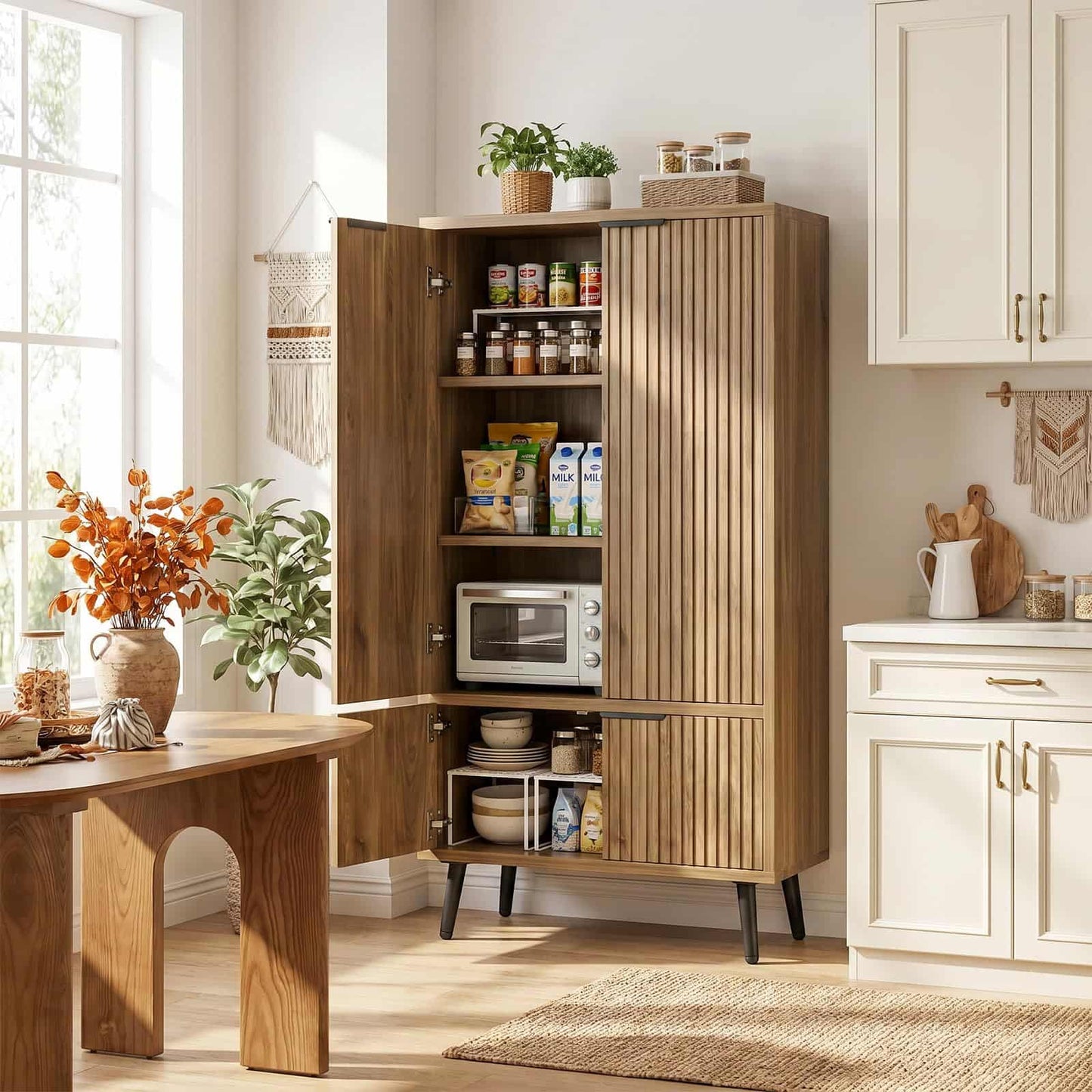 51.2" Freestanding Storage Cabinet with 4 Fluted Doors, Adjustable Shelves & Raised Legs - Wobble-Free Organizer for Bathroom, Kitchen, Living Room