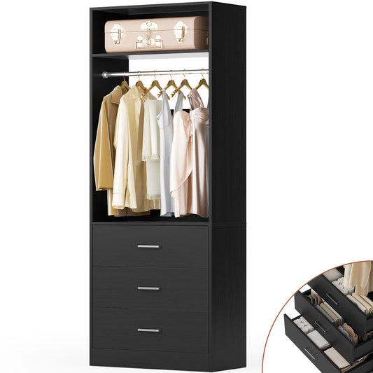 Freestanding 2FT Closet System with 3 Wood Drawers, 24" Closet Organizer System with Hanging Rod & Shelves