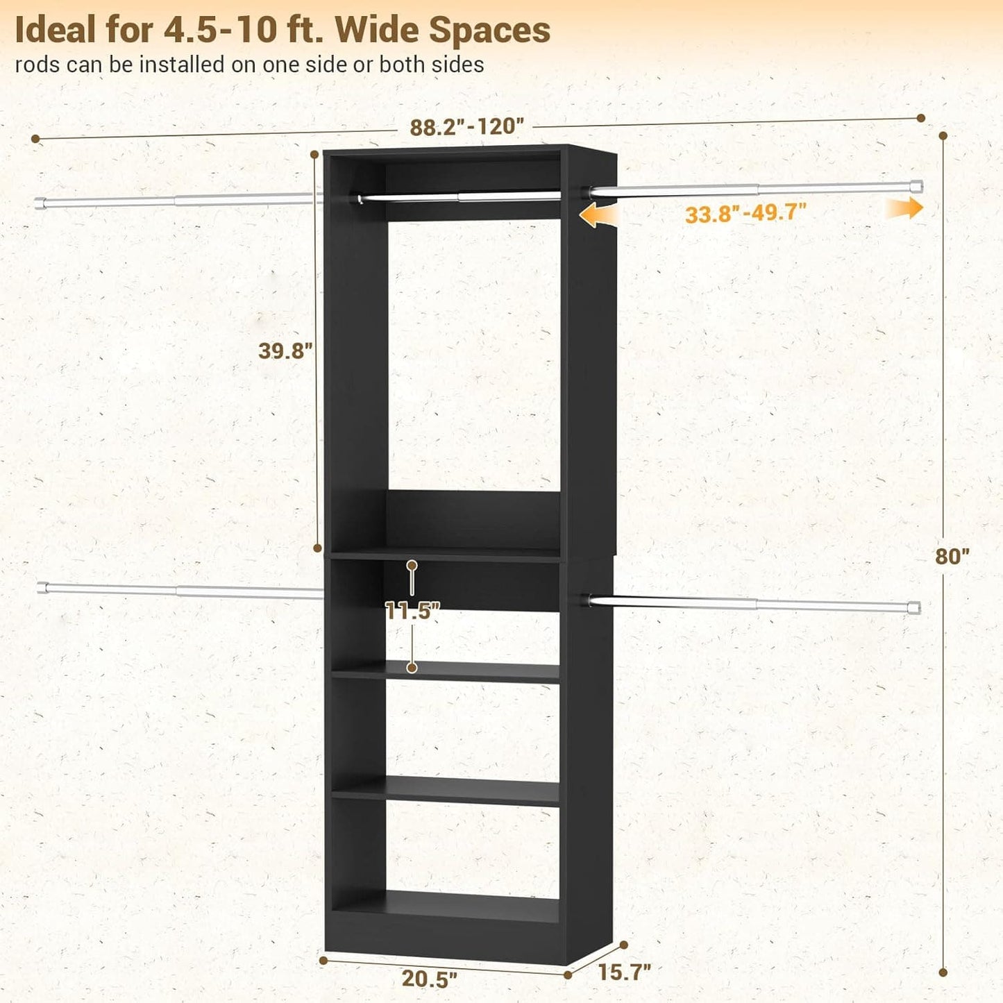 20.5-120'' W Closet Organizer System with 5 Hanging Rods, Shelving Tower