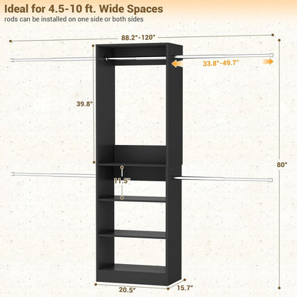 20.5-120'' W Closet Organizer System with 5 Hanging Rods, Shelving Tower
