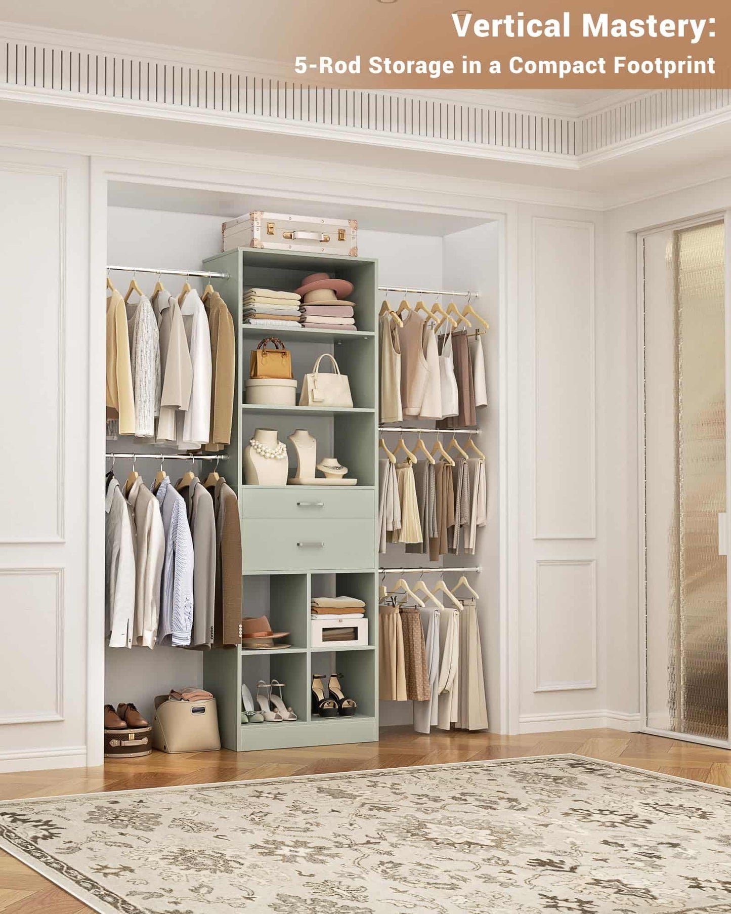 Adjustable Small Closet System, 3.2-6.8FT Expandable Closet Organizer with 2 Wooden Drawers & 5 Heavy-Duty Hanging Rods