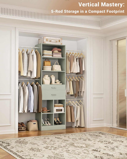 Adjustable Small Closet System, 3.2-6.8FT Expandable Closet Organizer with 2 Wooden Drawers & 5 Heavy-Duty Hanging Rods