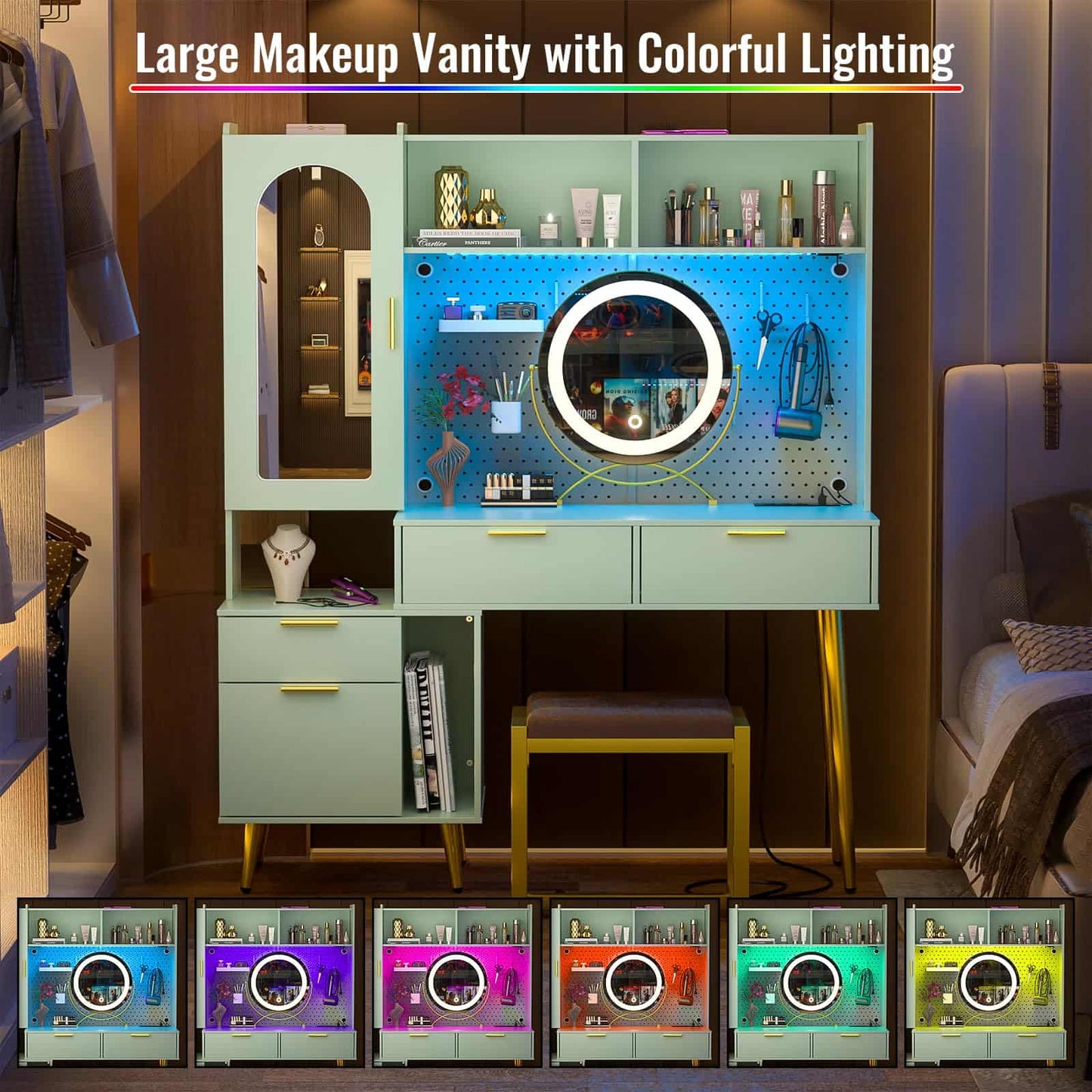 48" Makeup Vanity with Hutch, LED Lighted Mirror & Charging Station, 5 Large Drawers, Shelves, Pegboard & Cabinet