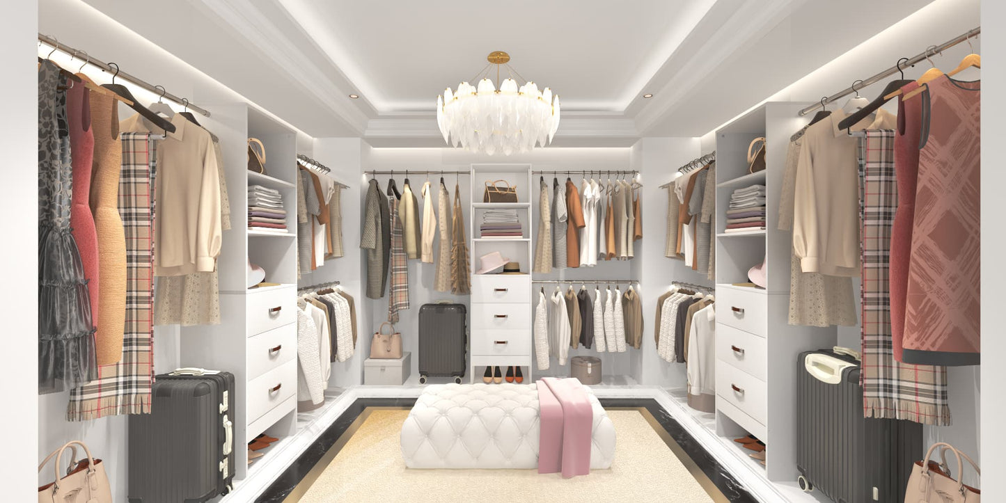 Adjustable 5-8FT Wall-Mounted Closet Organizer System with 3 Hanging Rods & 3 Wood Drawers