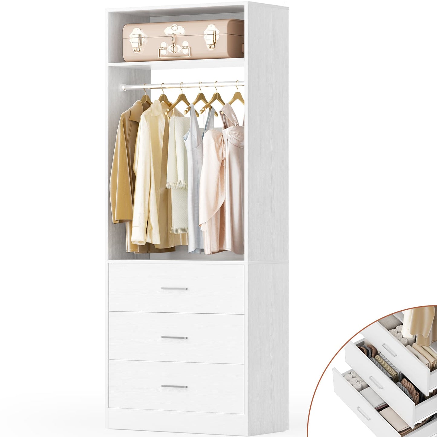 Freestanding 2FT Closet System with 3 Wood Drawers, 24" Closet Organizer System with Hanging Rod & Shelves